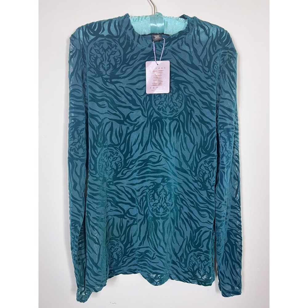 Savage X Fenty XS Teal Sheer Mesh Tiger Flocked Long Sleeve Top NWT